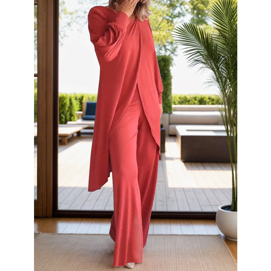 Full Size Slit Round Neck Long Sleeve Top and Pants Set Orange-Red / S Apparel and Accessories