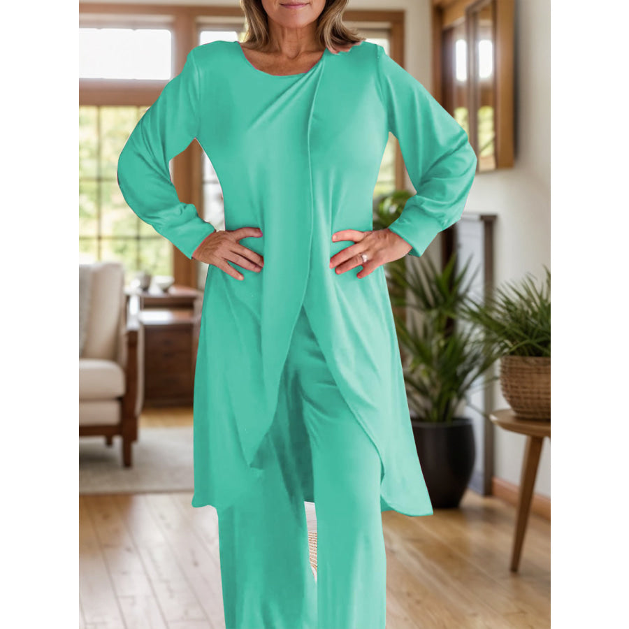 Full Size Slit Round Neck Long Sleeve Top and Pants Set Turquoise / S Apparel and Accessories