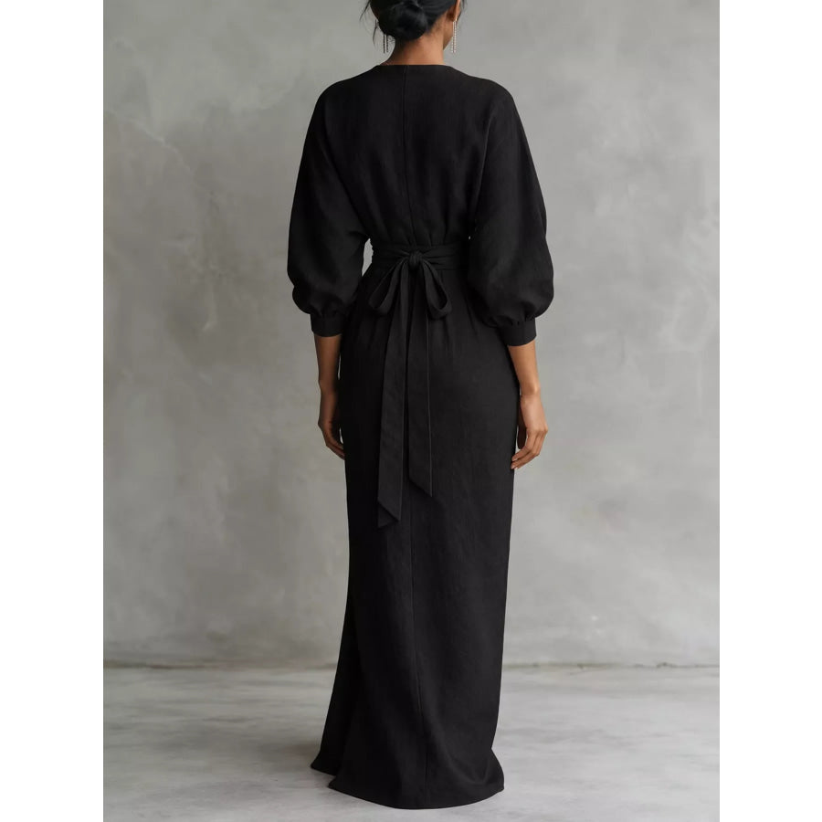 Full Size Slit Ruched Waist Wrap Maxi Dress Plus Apparel and Accessories