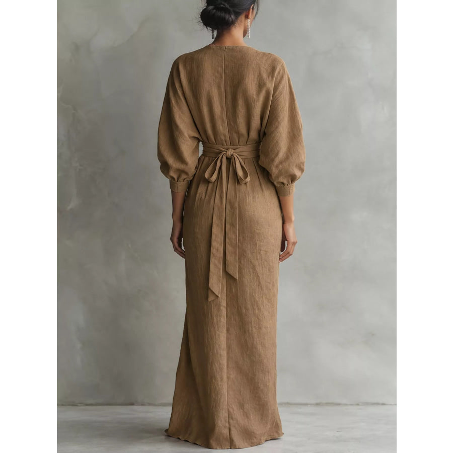 Full Size Slit Ruched Waist Wrap Maxi Dress Plus Apparel and Accessories