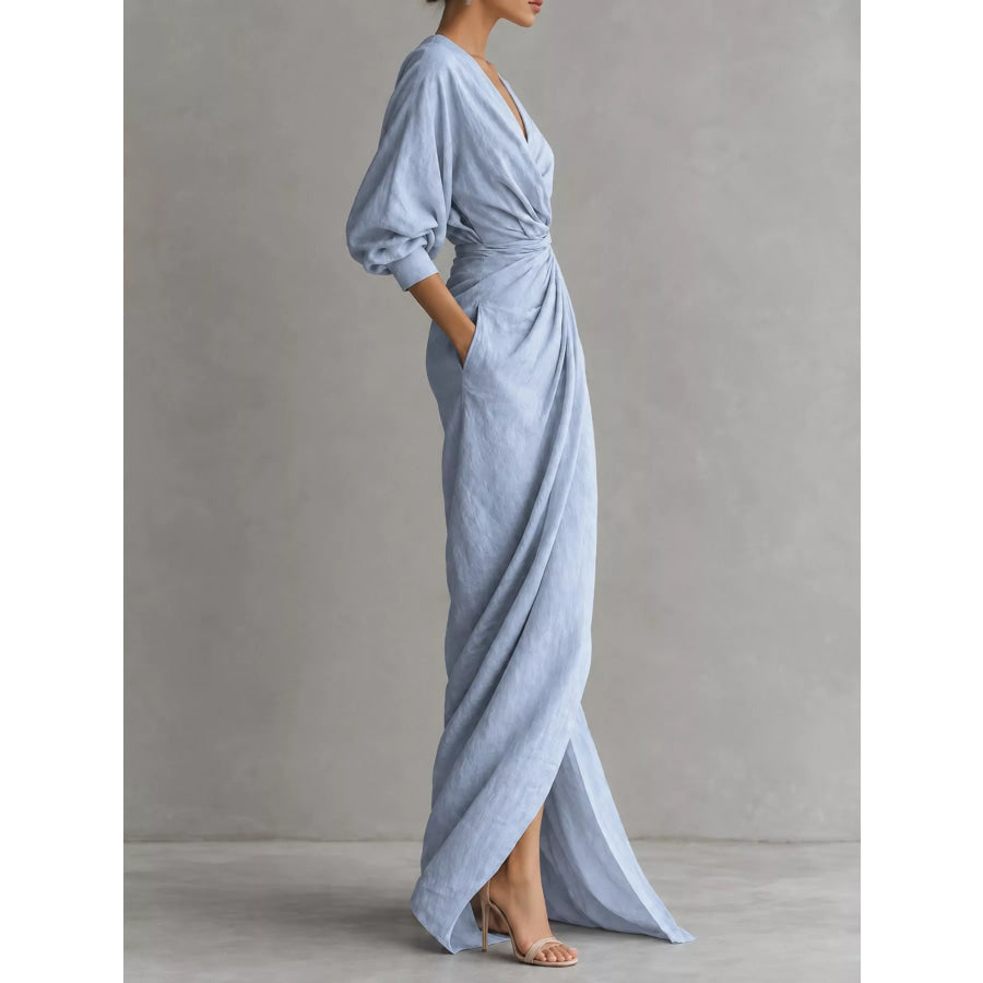 Full Size Slit Ruched Waist Wrap Maxi Dress Plus Apparel and Accessories