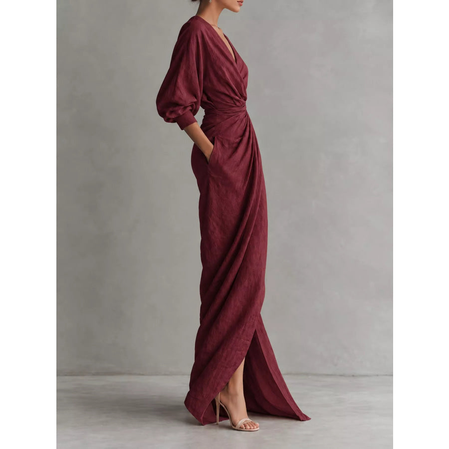 Full Size Slit Ruched Waist Wrap Maxi Dress Plus Apparel and Accessories