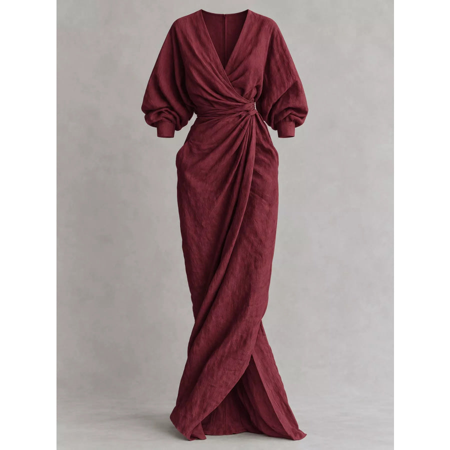 Full Size Slit Ruched Waist Wrap Maxi Dress Plus Apparel and Accessories