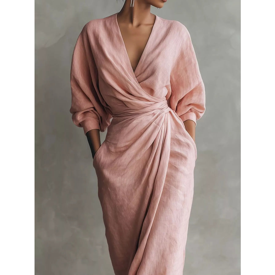 Full Size Slit Ruched Waist Wrap Maxi Dress Plus Apparel and Accessories
