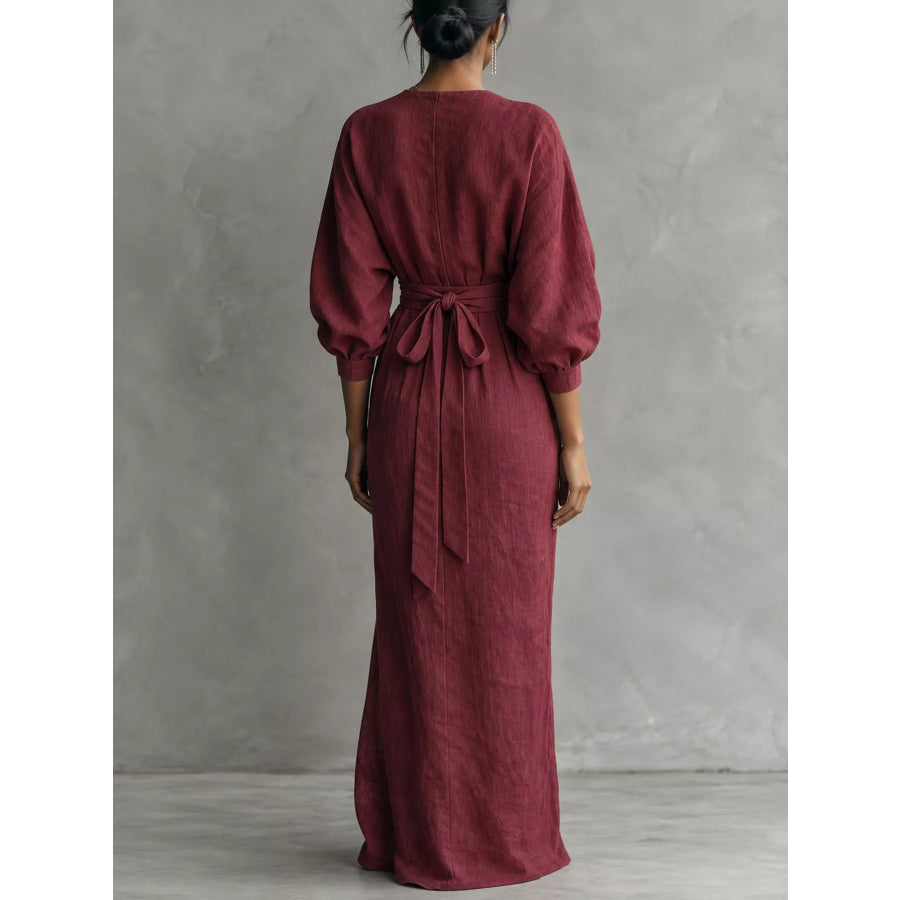 Full Size Slit Ruched Waist Wrap Maxi Dress Plus Apparel and Accessories