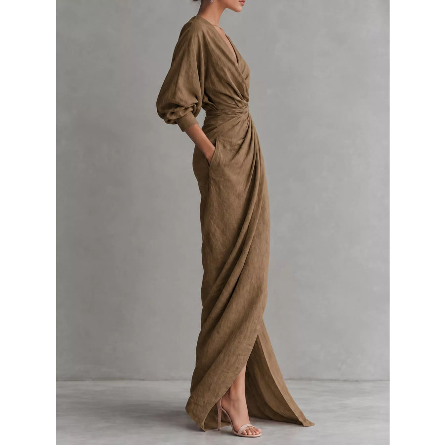 Full Size Slit Ruched Waist Wrap Maxi Dress Plus Apparel and Accessories