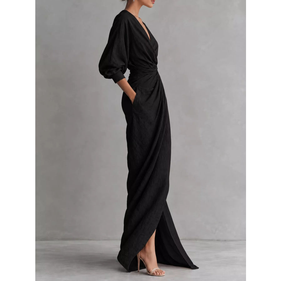 Full Size Slit Ruched Waist Wrap Maxi Dress Plus Apparel and Accessories
