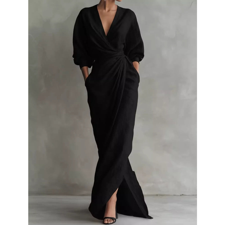 Full Size Slit Ruched Waist Wrap Maxi Dress Plus Black / S Apparel and Accessories
