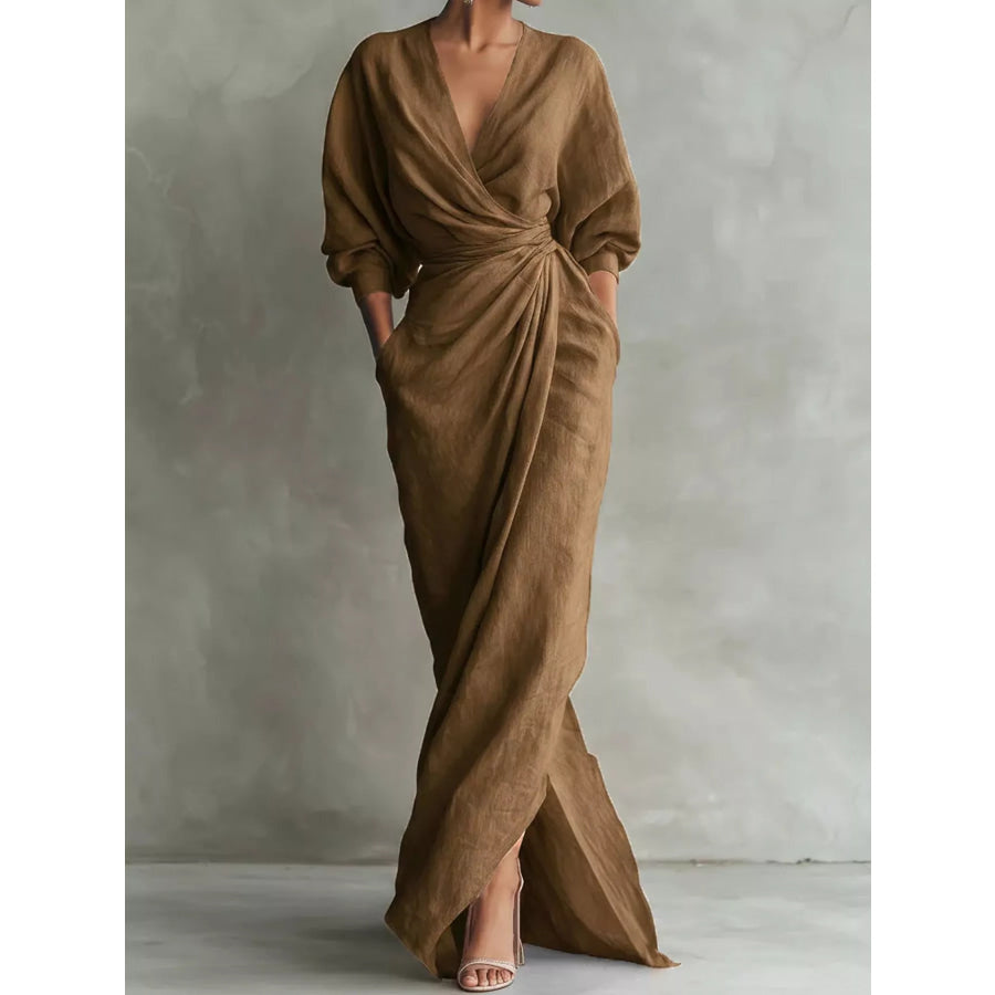Full Size Slit Ruched Waist Wrap Maxi Dress Plus Brown / S Apparel and Accessories