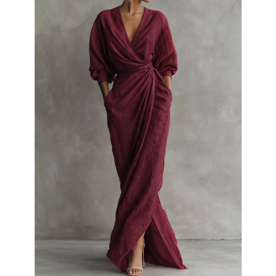 Full Size Slit Ruched Waist Wrap Maxi Dress Plus Burgundy / S Apparel and Accessories
