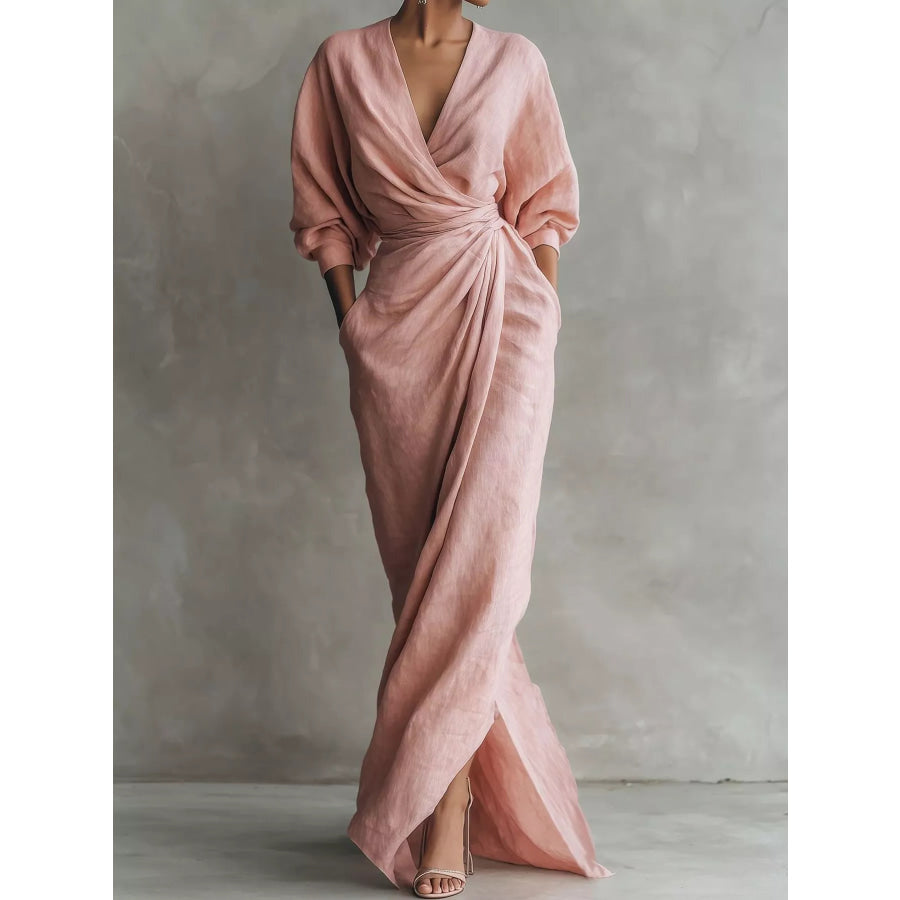 Full Size Slit Ruched Waist Wrap Maxi Dress Plus Pink / S Apparel and Accessories