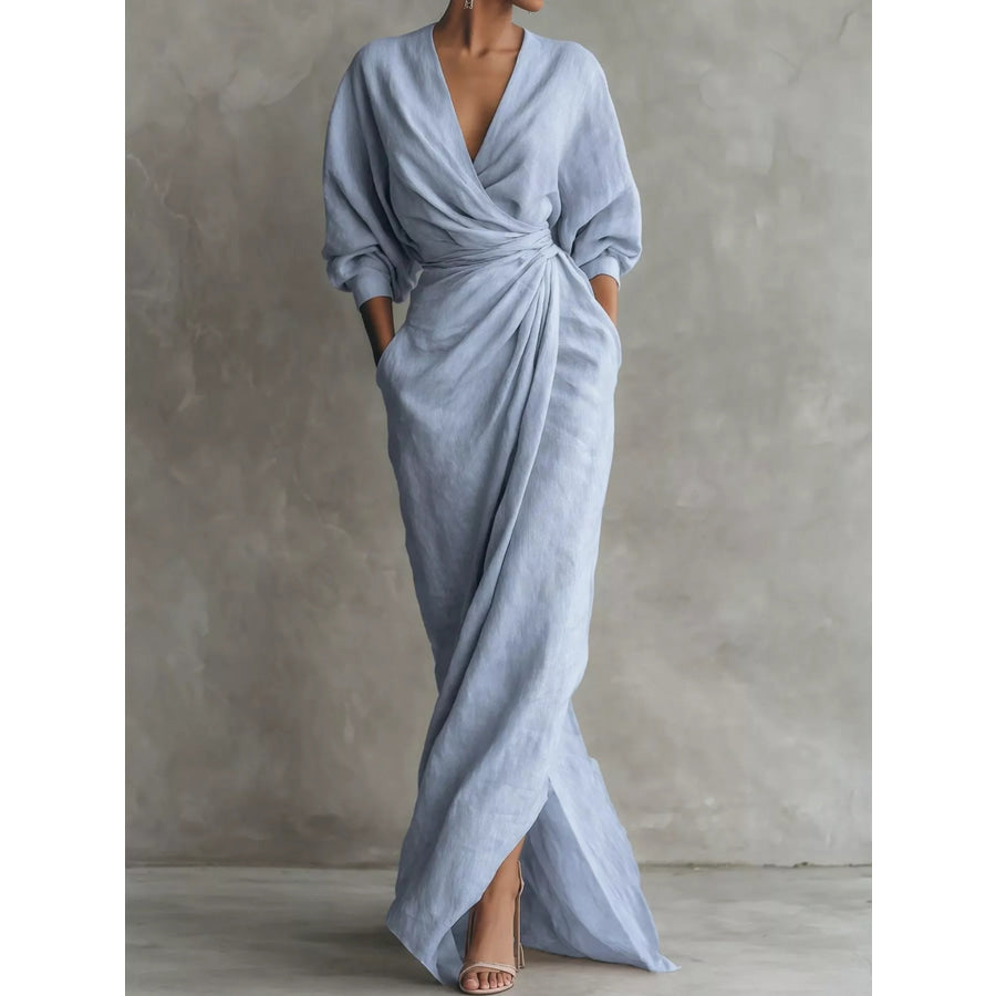Full Size Slit Ruched Waist Wrap Maxi Dress Plus Sky Blue / S Apparel and Accessories