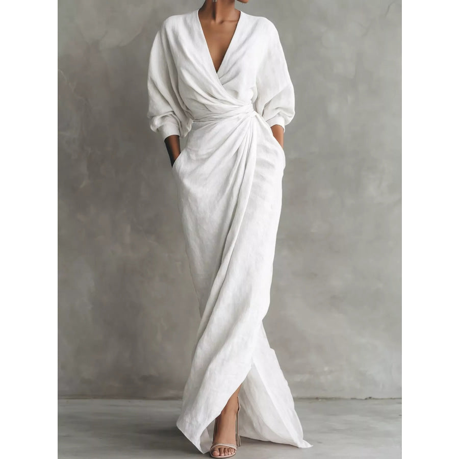 Full Size Slit Ruched Waist Wrap Maxi Dress Plus White / S Apparel and Accessories