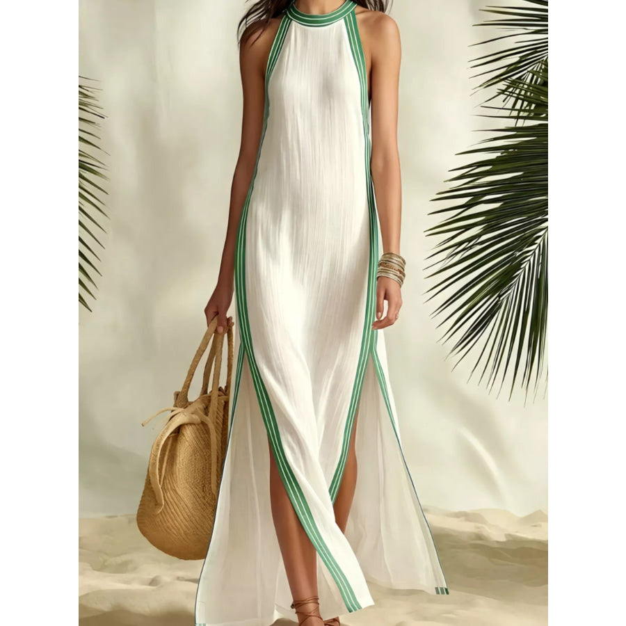 Full Size Slit Striped Sleeveless Maxi Dress Plus Size Green / S Apparel and Accessories