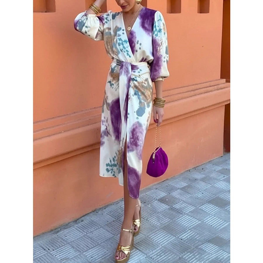 Full Size Slit Tie-Waist Abstract Print Midi Dress Plus Size Apparel and Accessories