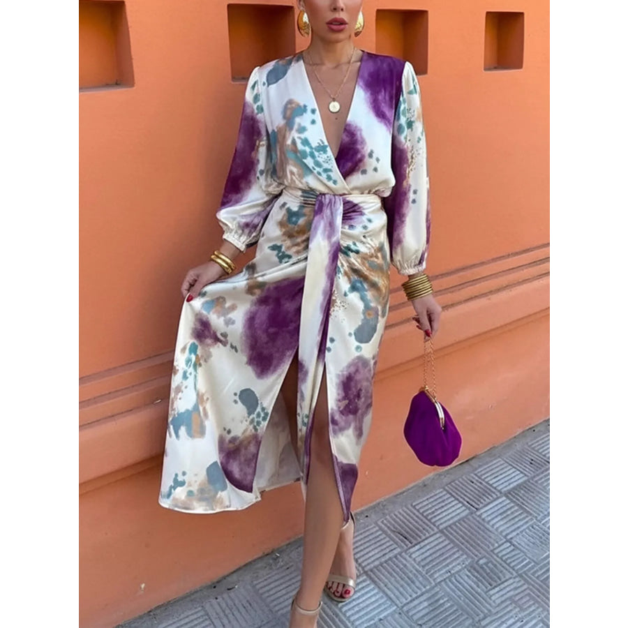 Full Size Slit Tie-Waist Abstract Print Midi Dress Plus Size Apparel and Accessories