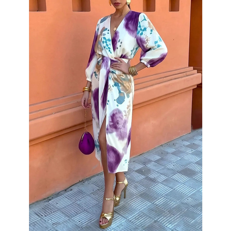 Full Size Slit Tie-Waist Abstract Print Midi Dress Plus Size Purple / S Apparel and Accessories