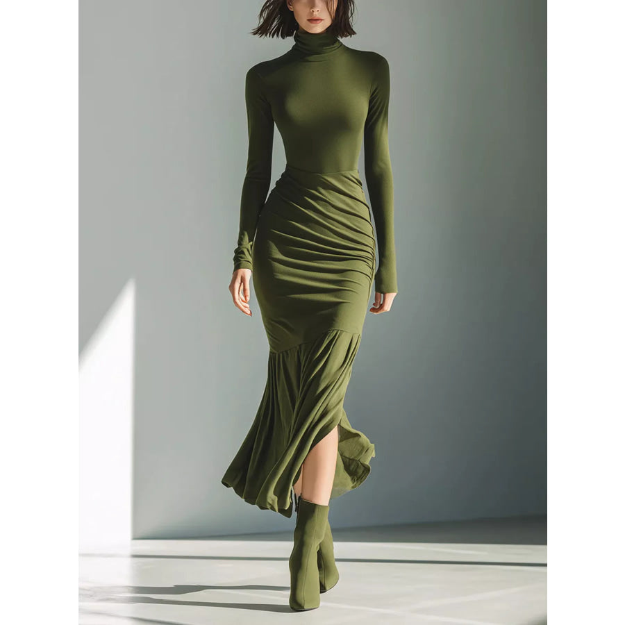 Full Size Slit Turtleneck Ruched Bodycon Mermaid Dress Plus Army Green / S Apparel and Accessories