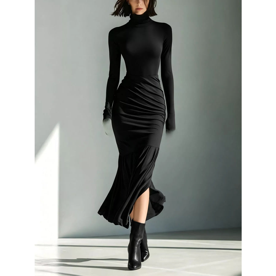 Full Size Slit Turtleneck Ruched Bodycon Mermaid Dress Plus Black / S Apparel and Accessories