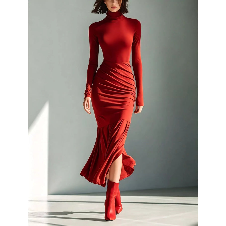 Full Size Slit Turtleneck Ruched Bodycon Mermaid Dress Plus Red / S Apparel and Accessories