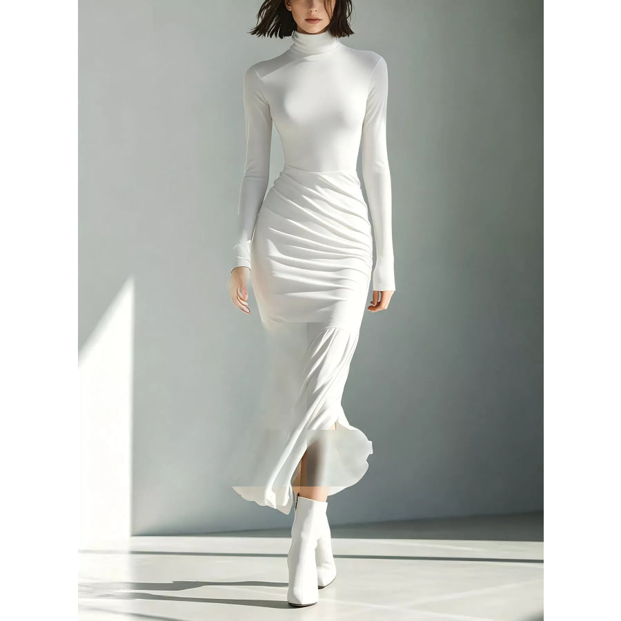 Full Size Slit Turtleneck Ruched Bodycon Mermaid Dress Plus White / S Apparel and Accessories
