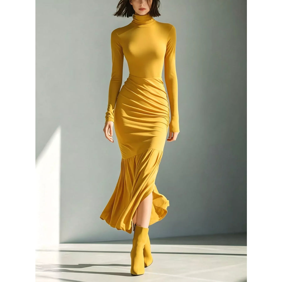 Full Size Slit Turtleneck Ruched Bodycon Mermaid Dress Plus Yellow / S Apparel and Accessories