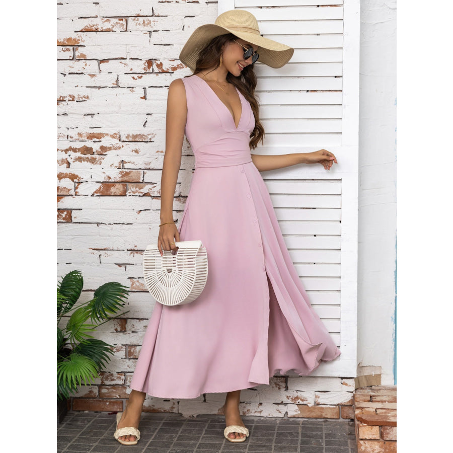 Full Size Slit V-Neck Sleeveless Midi Dress Apparel and Accessories