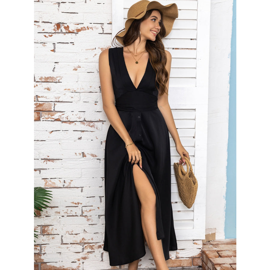 Full Size Slit V-Neck Sleeveless Midi Dress Apparel and Accessories