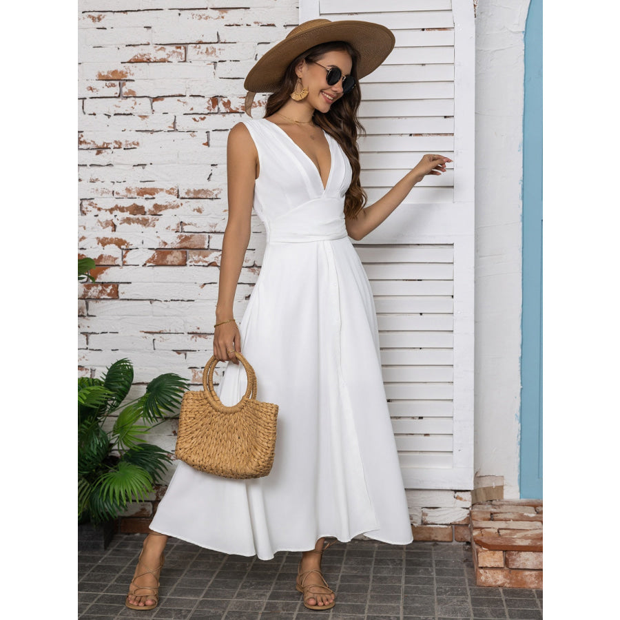 Full Size Slit V-Neck Sleeveless Midi Dress Apparel and Accessories