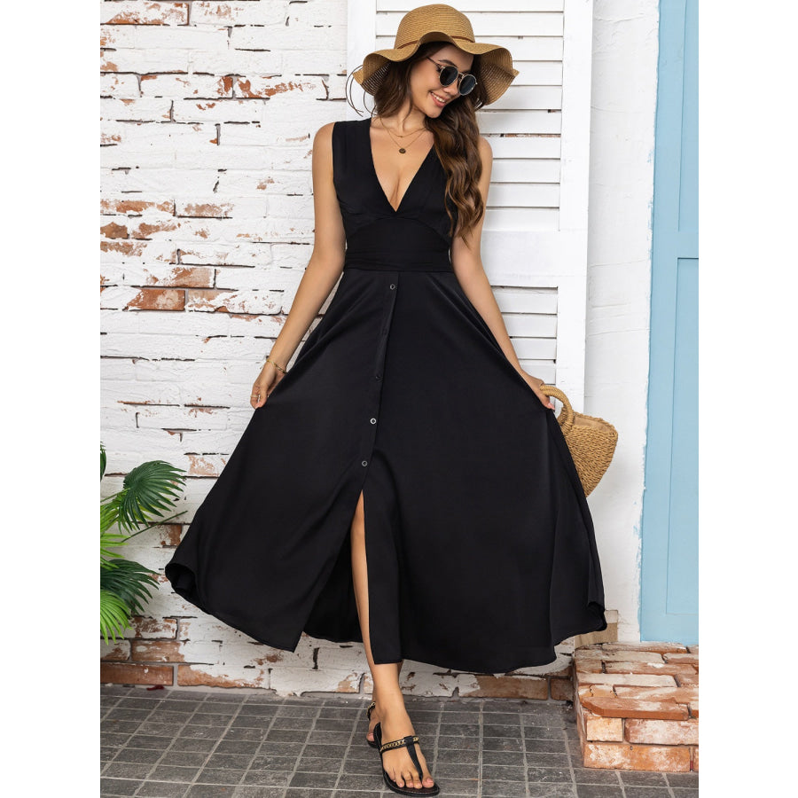 Full Size Slit V-Neck Sleeveless Midi Dress Black / S Apparel and Accessories