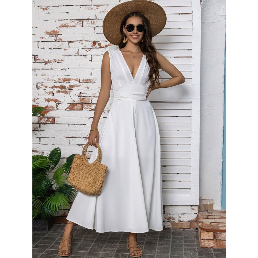 Full Size Slit V-Neck Sleeveless Midi Dress White / S Apparel and Accessories