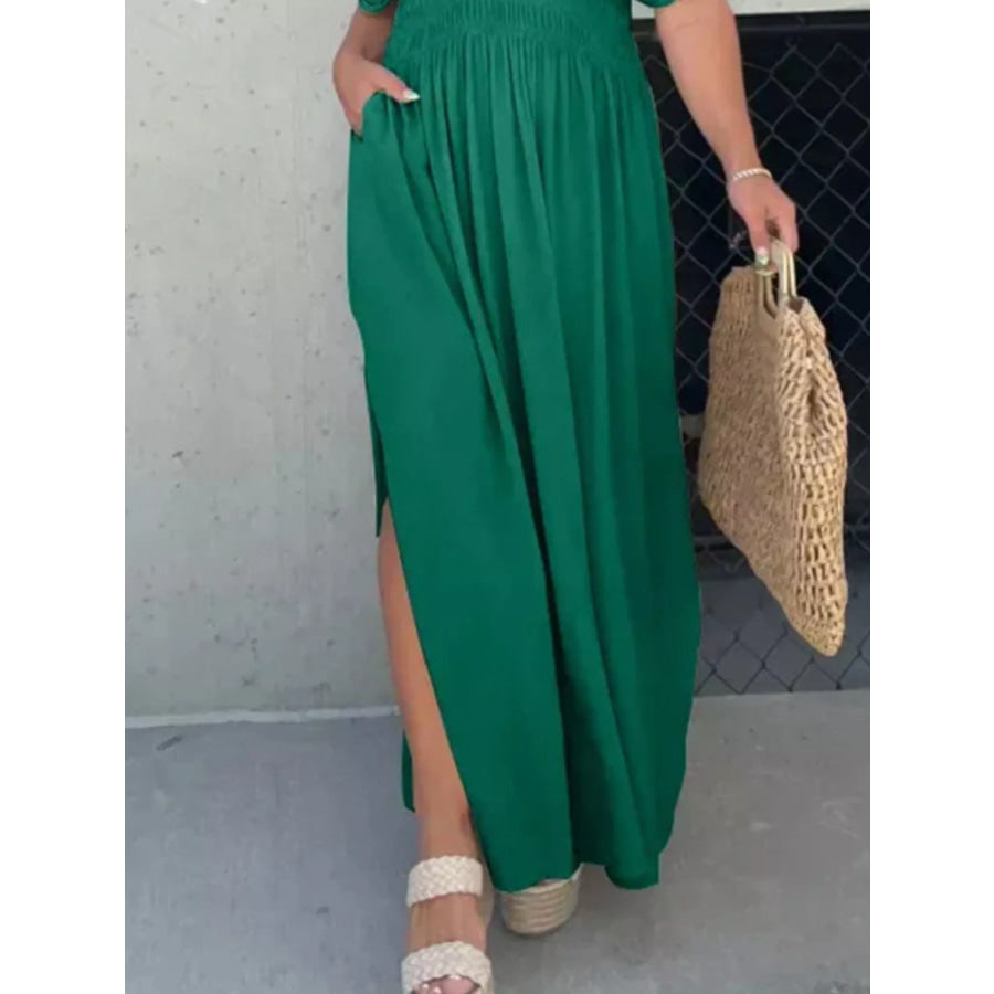 Full Size Slit V-Neck Smocked Waist Maxi Dress Plus Size Apparel and Accessories