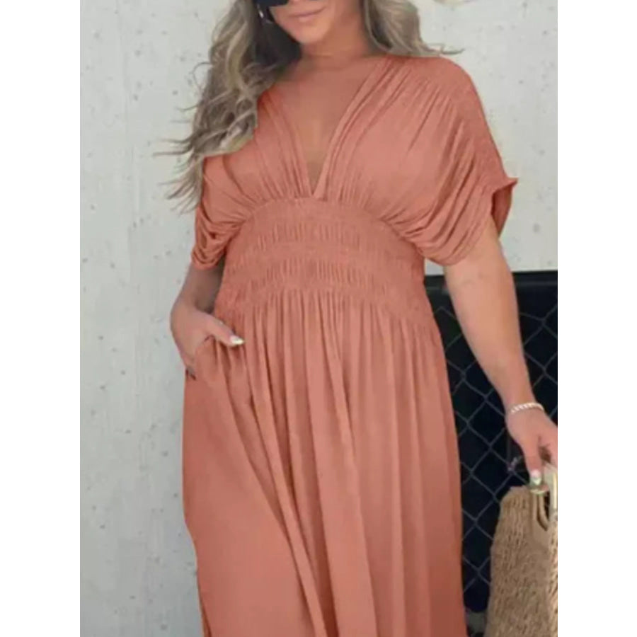 Full Size Slit V-Neck Smocked Waist Maxi Dress Plus Size Apparel and Accessories