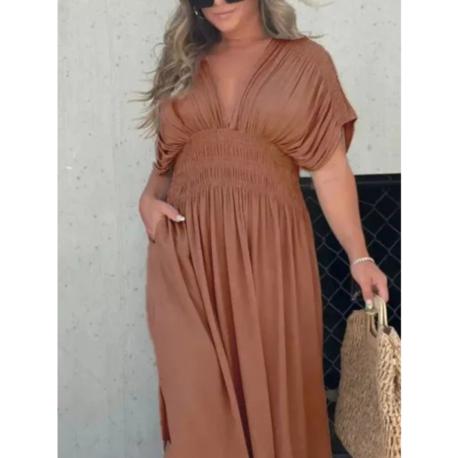 Full Size Slit V-Neck Smocked Waist Maxi Dress Plus Size Apparel and Accessories