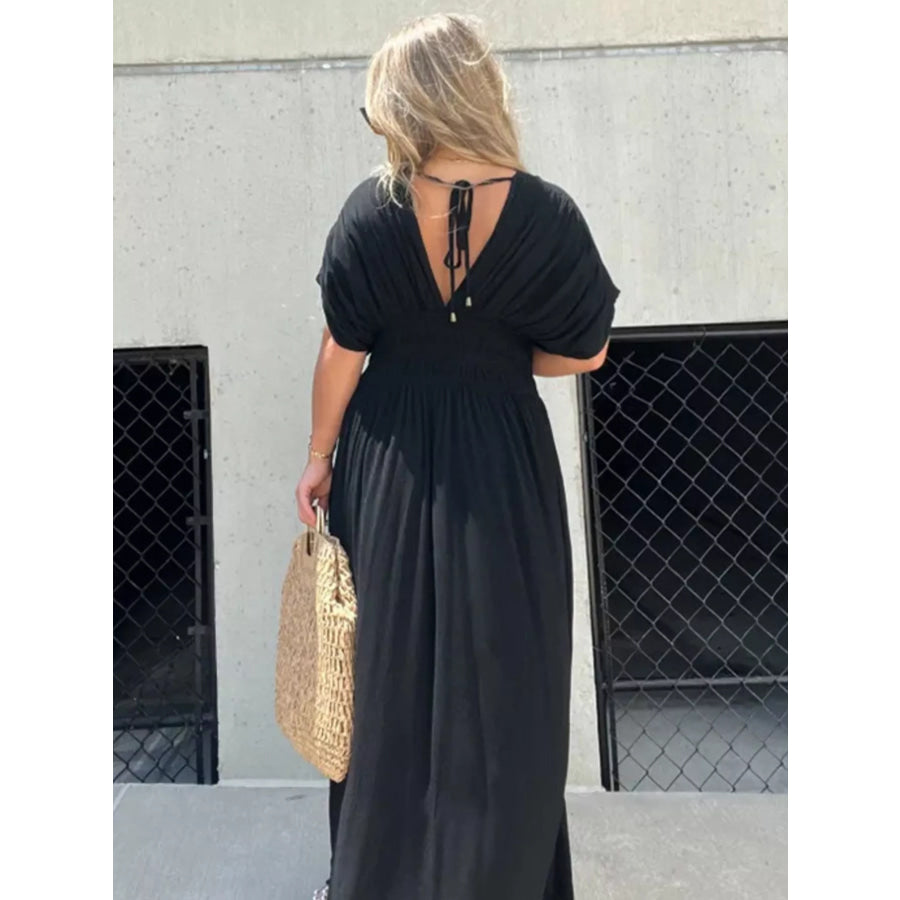 Full Size Slit V-Neck Smocked Waist Maxi Dress Plus Size Apparel and Accessories
