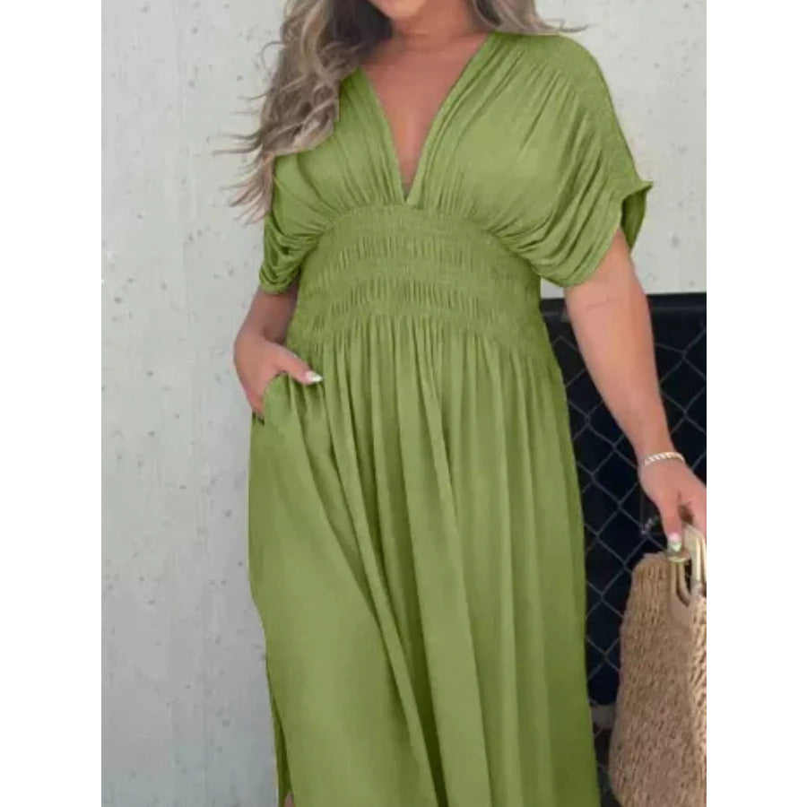 Full Size Slit V-Neck Smocked Waist Maxi Dress Plus Size Apparel and Accessories
