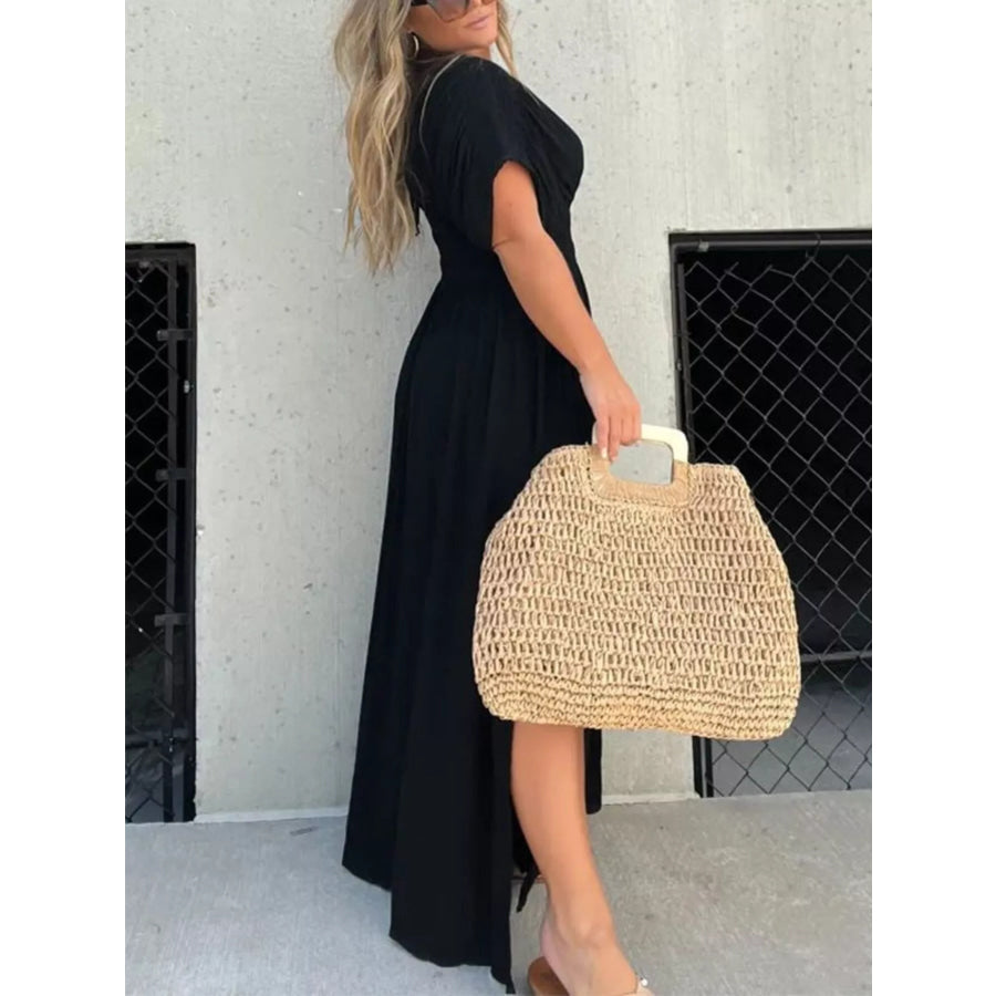 Full Size Slit V-Neck Smocked Waist Maxi Dress Plus Size Apparel and Accessories