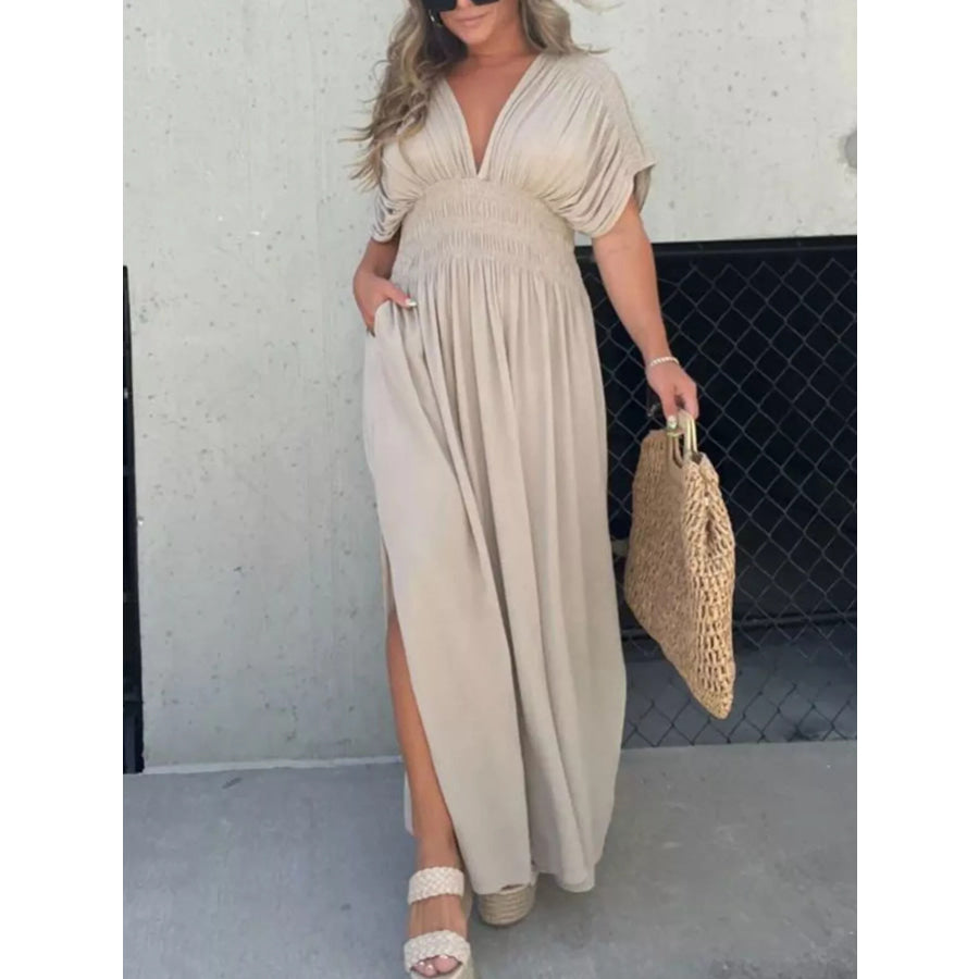Full Size Slit V-Neck Smocked Waist Maxi Dress Plus Size Apparel and Accessories