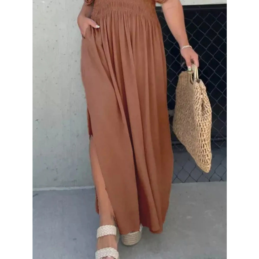 Full Size Slit V-Neck Smocked Waist Maxi Dress Plus Size Apparel and Accessories