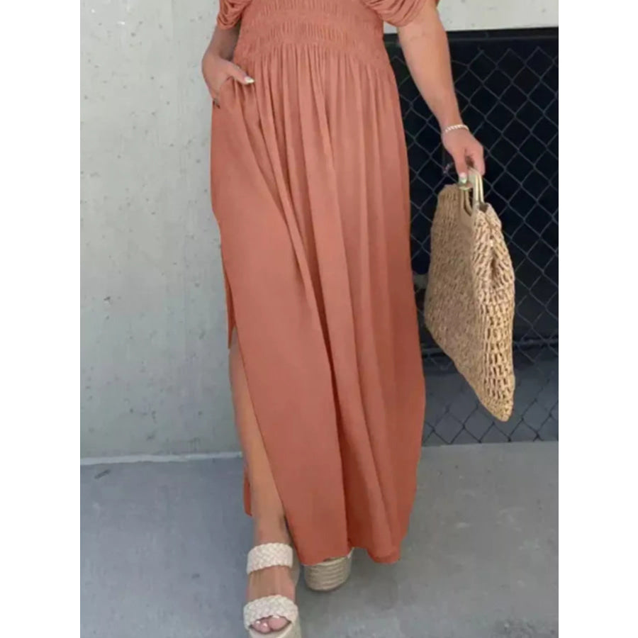 Full Size Slit V-Neck Smocked Waist Maxi Dress Plus Size Apparel and Accessories