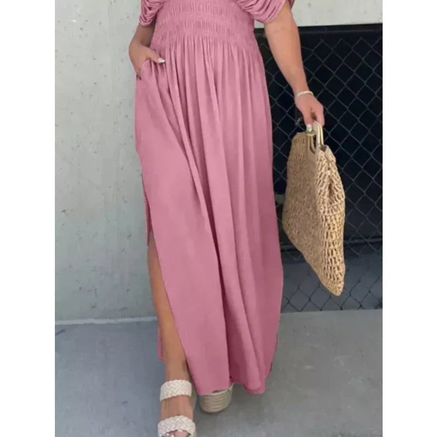 Full Size Slit V-Neck Smocked Waist Maxi Dress Plus Size Apparel and Accessories