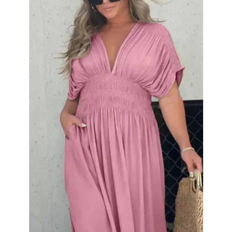 Full Size Slit V-Neck Smocked Waist Maxi Dress Plus Size Apparel and Accessories