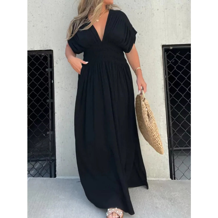 Full Size Slit V-Neck Smocked Waist Maxi Dress Plus Size Apparel and Accessories