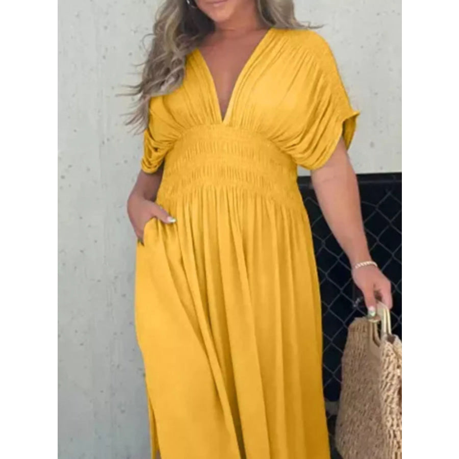 Full Size Slit V-Neck Smocked Waist Maxi Dress Plus Size Apparel and Accessories