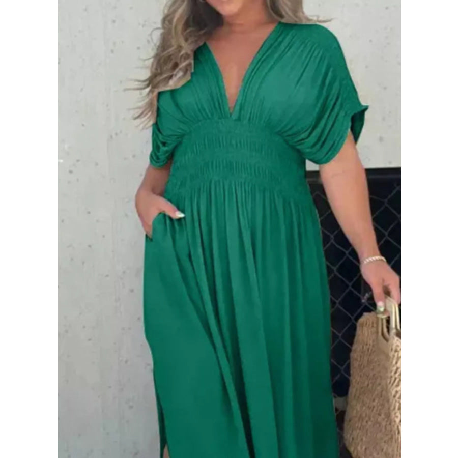 Full Size Slit V-Neck Smocked Waist Maxi Dress Plus Size Apparel and Accessories