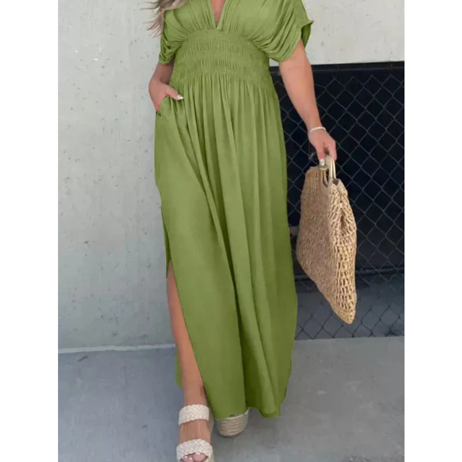 Full Size Slit V-Neck Smocked Waist Maxi Dress Plus Size Apparel and Accessories