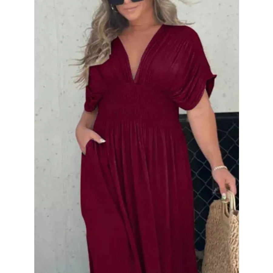Full Size Slit V-Neck Smocked Waist Maxi Dress Plus Size Apparel and Accessories