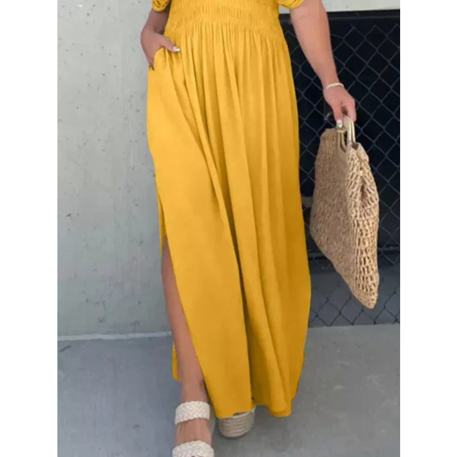 Full Size Slit V-Neck Smocked Waist Maxi Dress Plus Size Apparel and Accessories