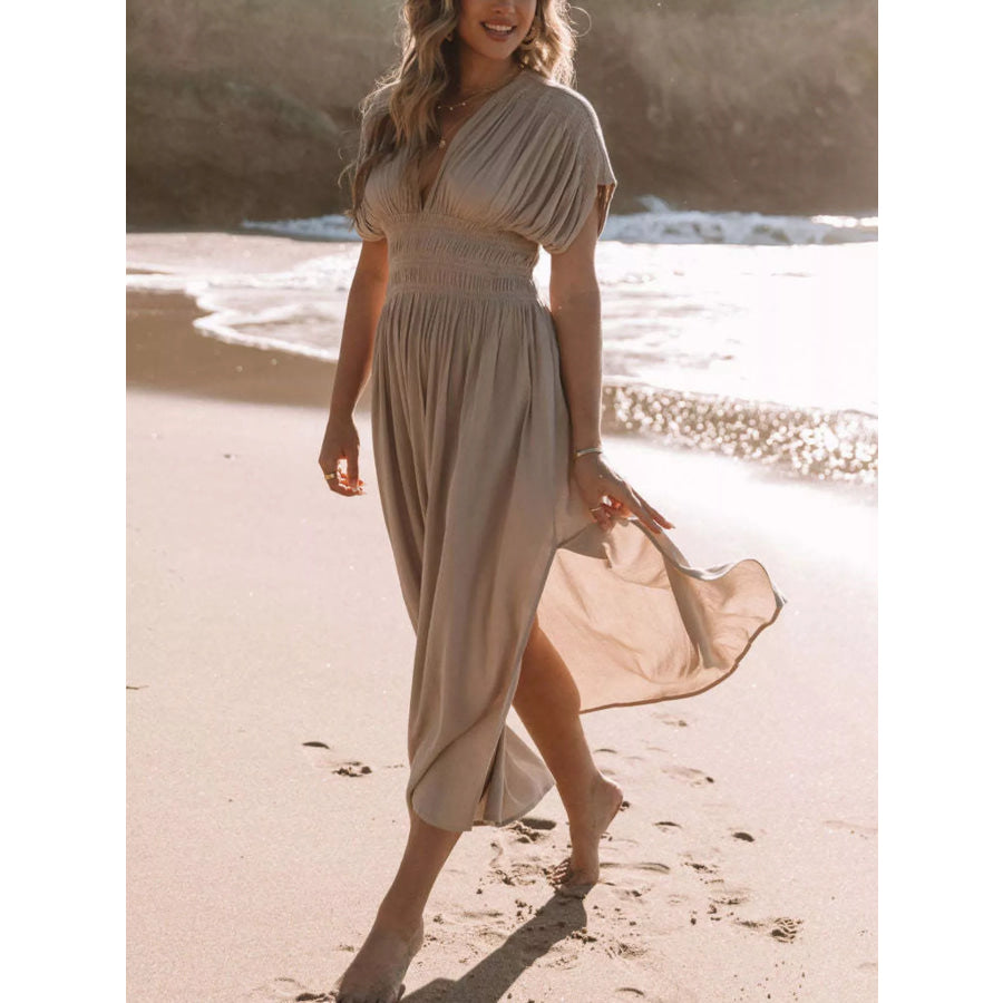 Full Size Slit V-Neck Smocked Waist Maxi Dress Plus Size Apricot / S Apparel and Accessories