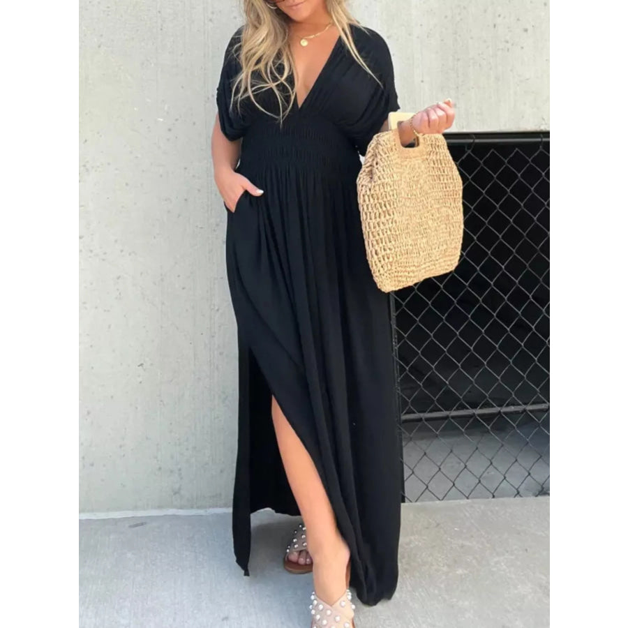 Full Size Slit V-Neck Smocked Waist Maxi Dress Plus Size Black / S Apparel and Accessories